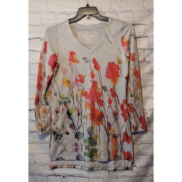 Soft Surroundings Womens XS Poppy Print Tunic Stretch Sweater Pullover Gray Red - Picture 1 of 8